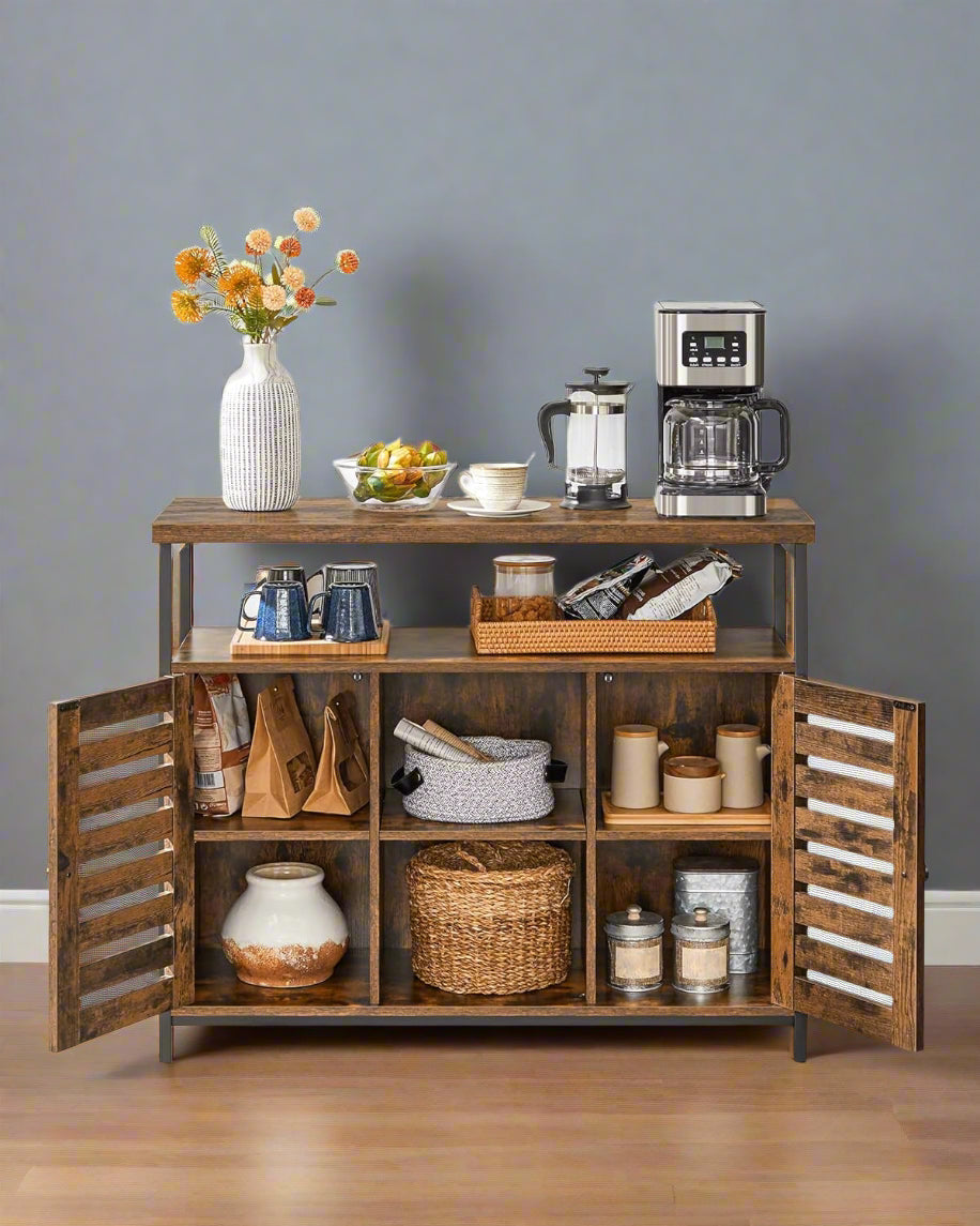 Industrial-style floor cabinet with rustic brown finish and black steel frame, featuring louvred doors and internal shelving for versatile home storage