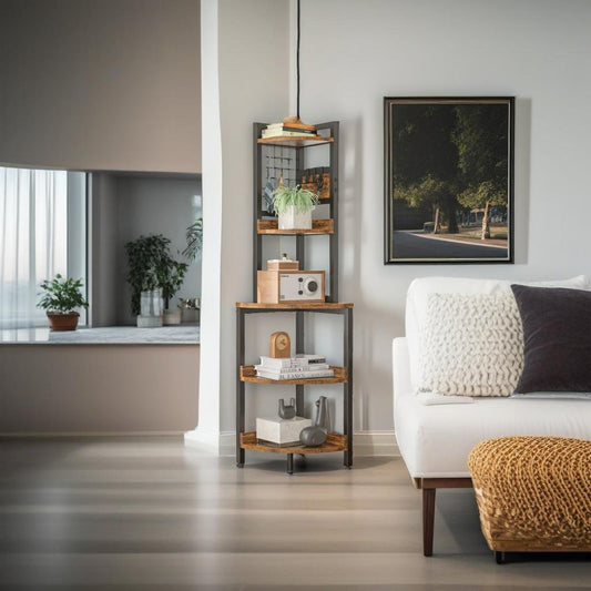 5-Tier Rustic Corner Shelf - Industrial Ladder Bookcase and Plant Stand