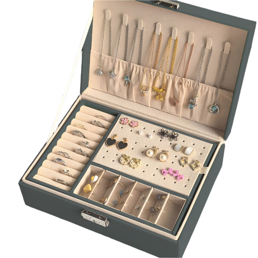 2 Layer Jewellery Box Organizer Lockable Rings Necklaces Jewellery Storage Case