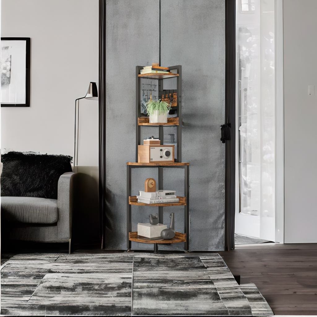 5-Tier Rustic Corner Shelf - Industrial Ladder Bookcase and Plant Stand