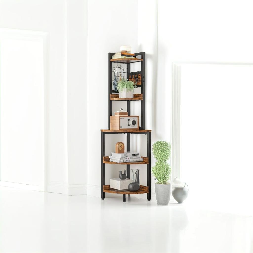 5-Tier Rustic Corner Shelf - Industrial Ladder Bookcase and Plant Stand