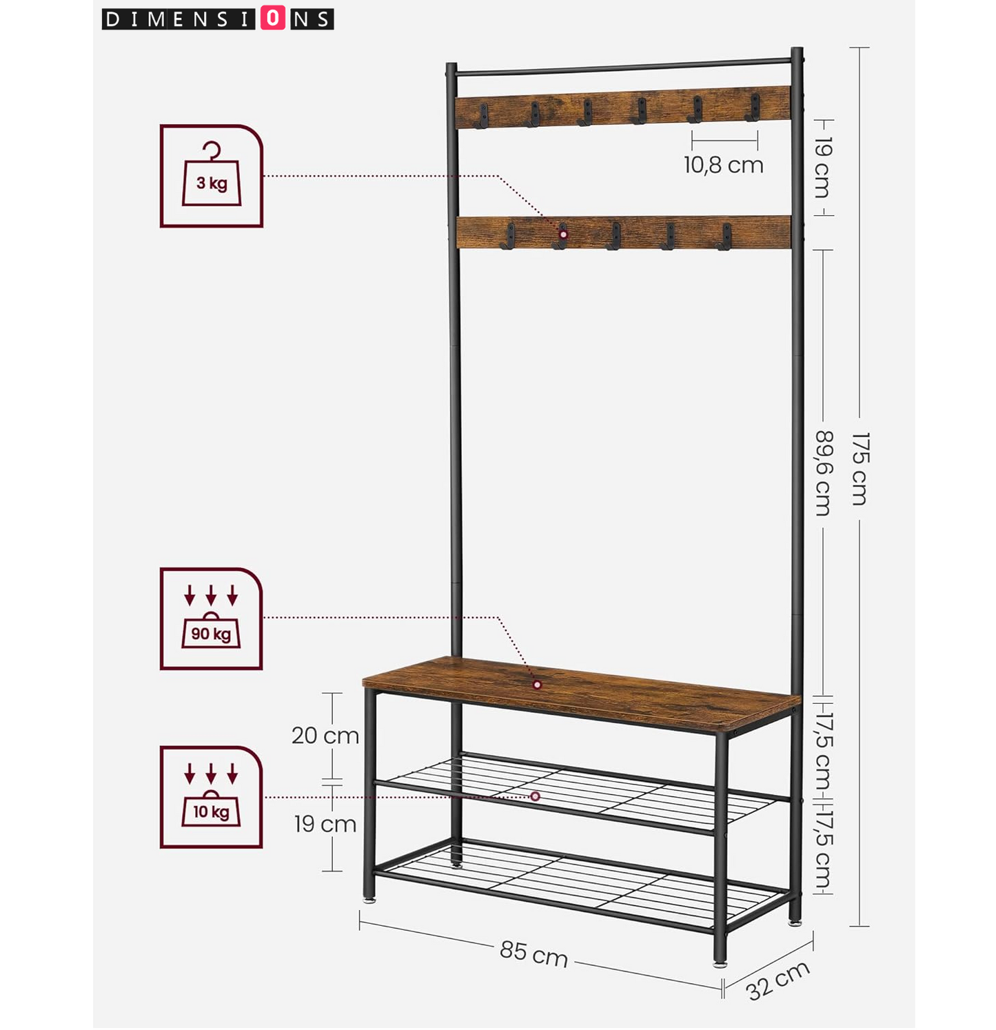 Coat Rack with Shoe Storage Bench with Steel Frame