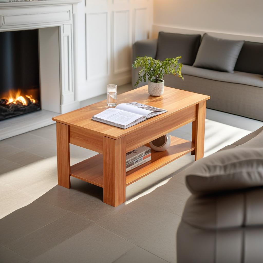 Stylish lift-top coffee table with hidden storage, waterproof wood finish, ideal for small living spaces.