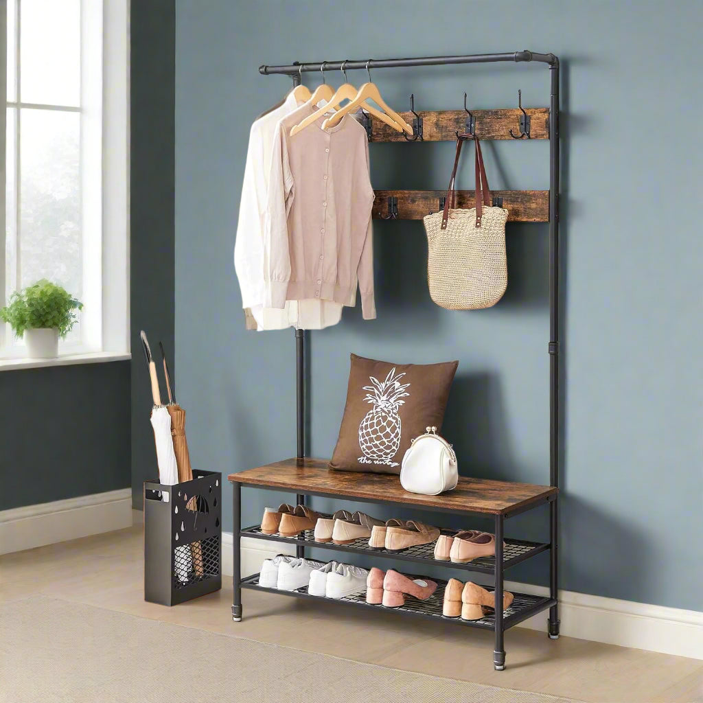 Large brown coat and shoe rack with hooks