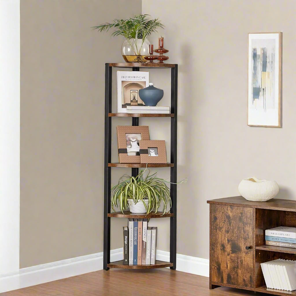 5-tier rustic brown and black corner shelf with steel frame, perfect for maximizing vertical space in small rooms