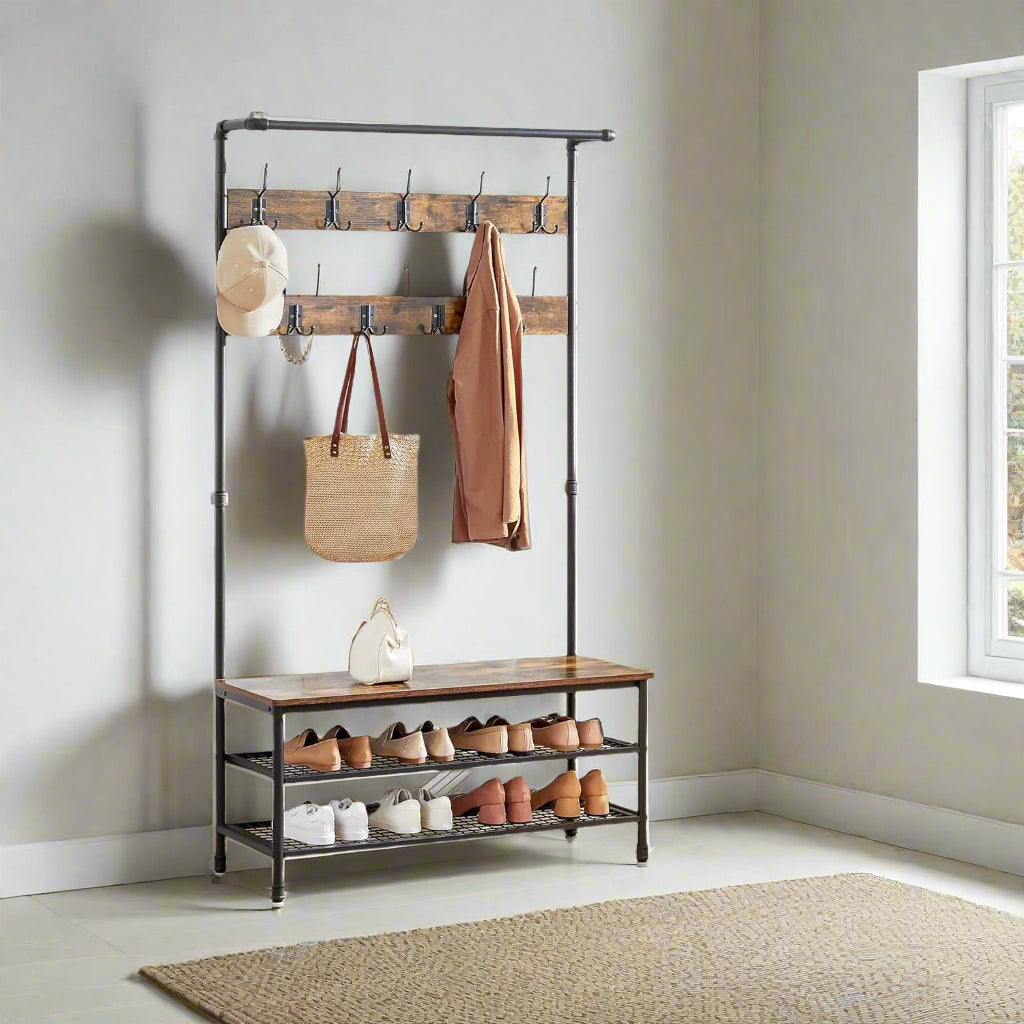 Large Hall Tree Coat Rack with Bench and Shoe Rack