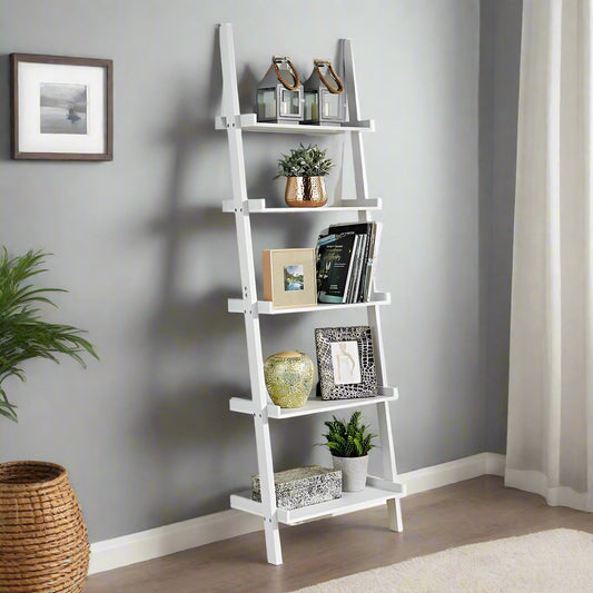 Contemporary 5-tier ladder shelving unit in black with wide bottom shelf and narrow top shelf, ideal for displaying decor, books, and home essentials.