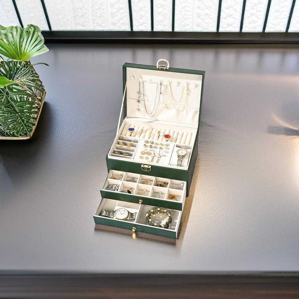 Large 3 Layer Green Jewelry Box Organizer with Lock Necklace Storage Cabinet