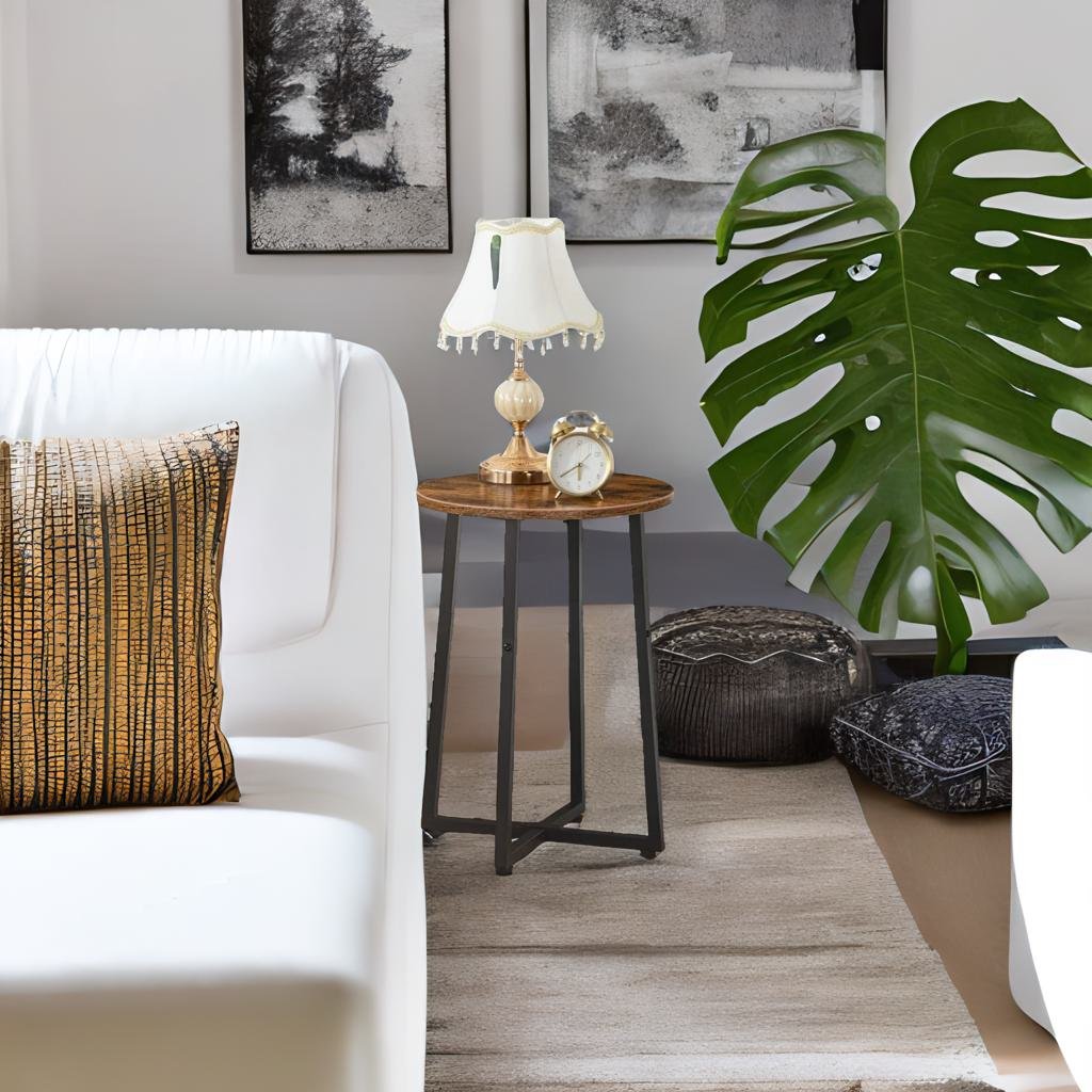 Round Side Table – Small Bedside Table, Industrial Coffee Table with Metal Frame,