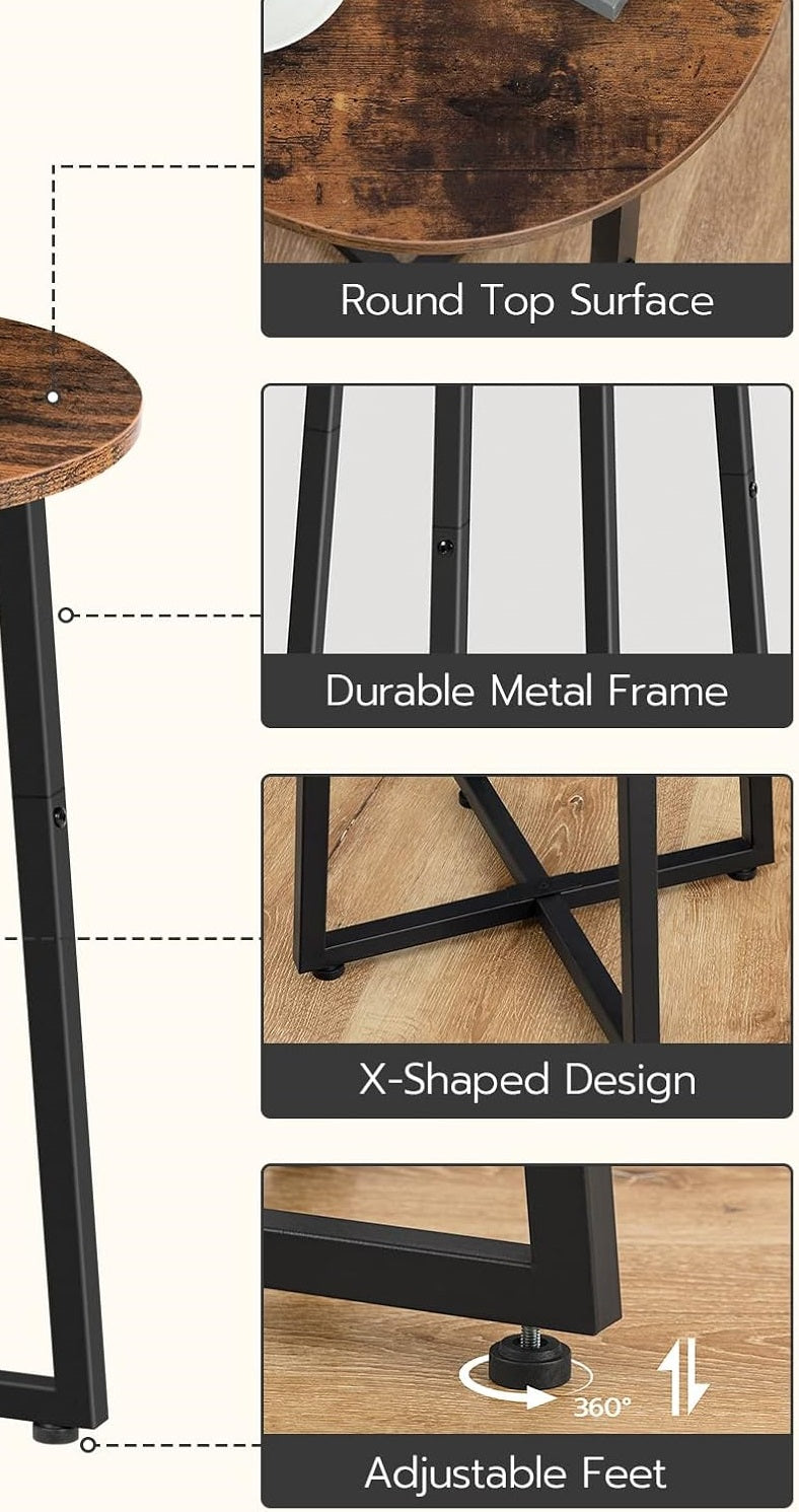 Round Side Table – Small Bedside Table, Industrial Coffee Table with Metal Frame,