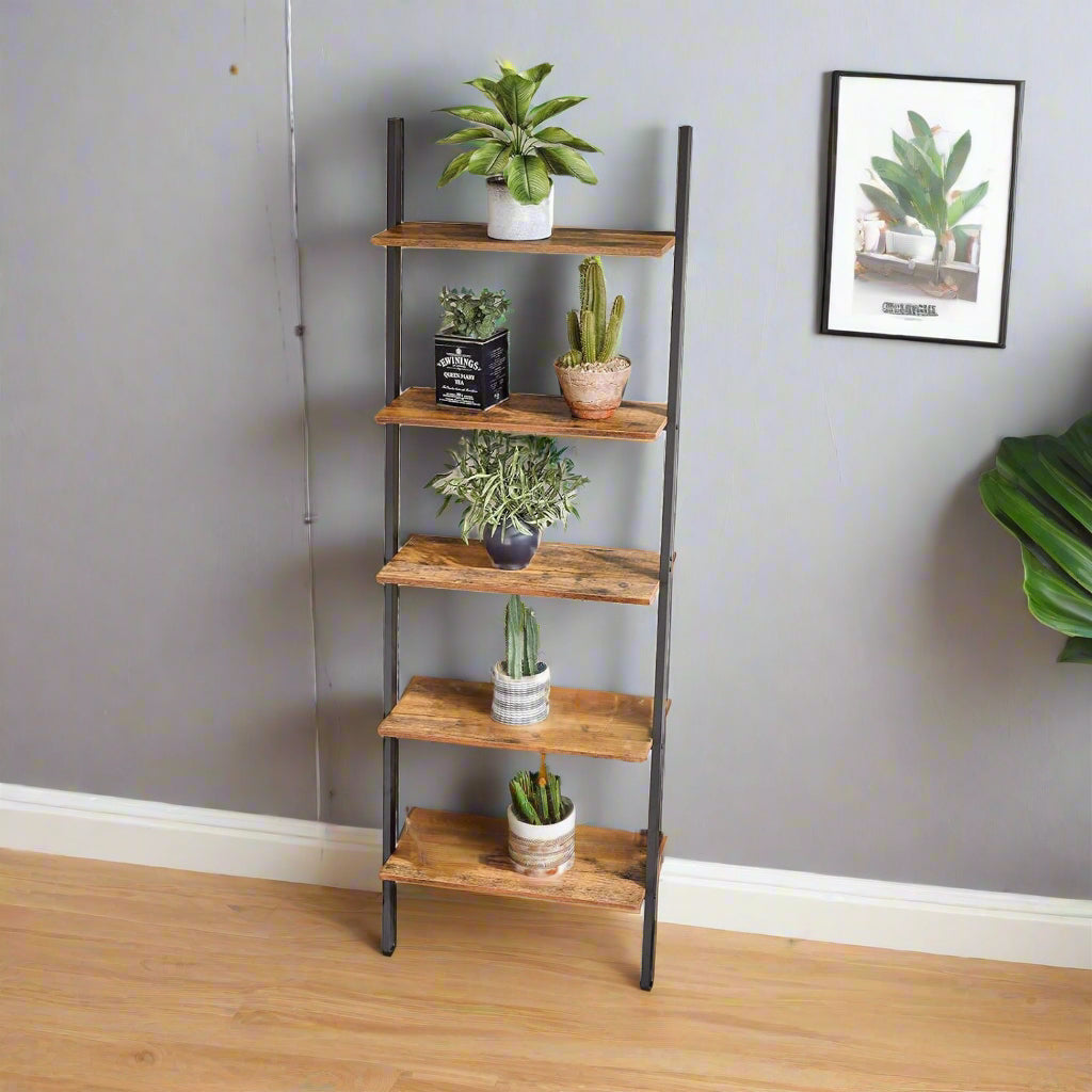 5-Tier Industrial Ladder Shelf – Rustic Metal & Wood Bookshelf