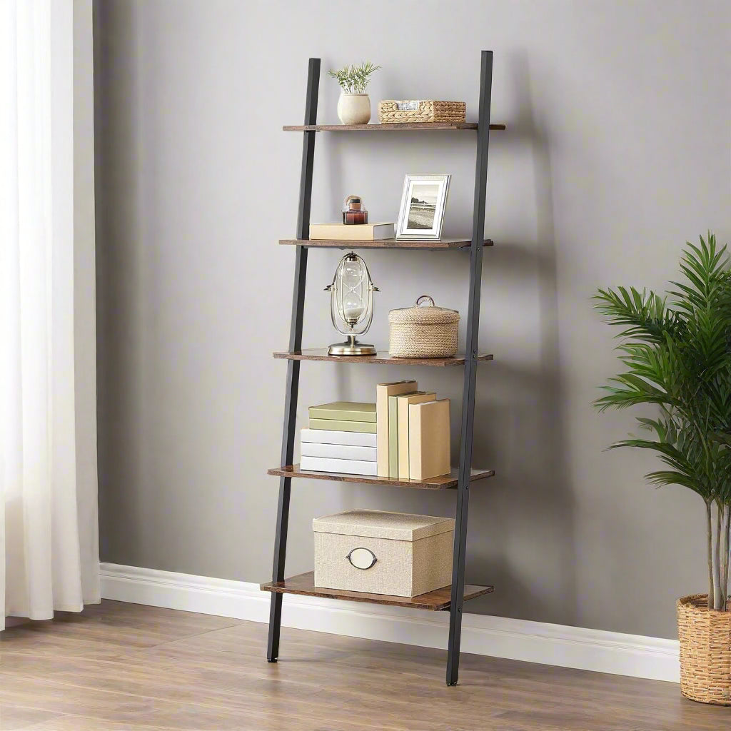 "5-tier industrial ladder shelf with dark brown wood and matte black steel frame, tilted design securely mounted to wall, perfect for books and decor."