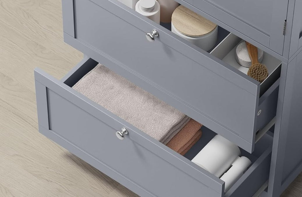 Grey Bathroom Storage Cabinet Kitchen Cupboard with 2 Drawers, 2 Doors & Adjustable Shelf