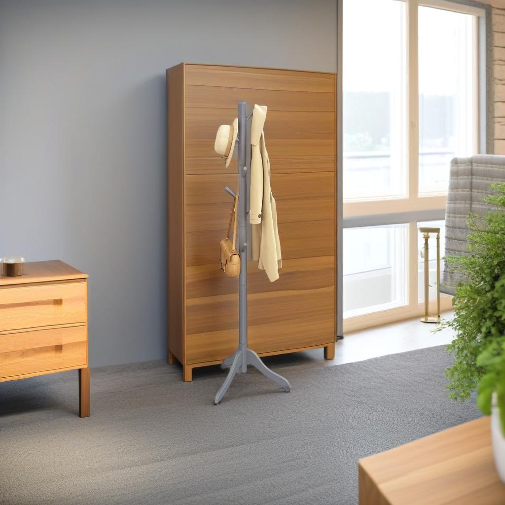 Wooden Coat Stand with 3 Height Options and 8 Hanging Hooks