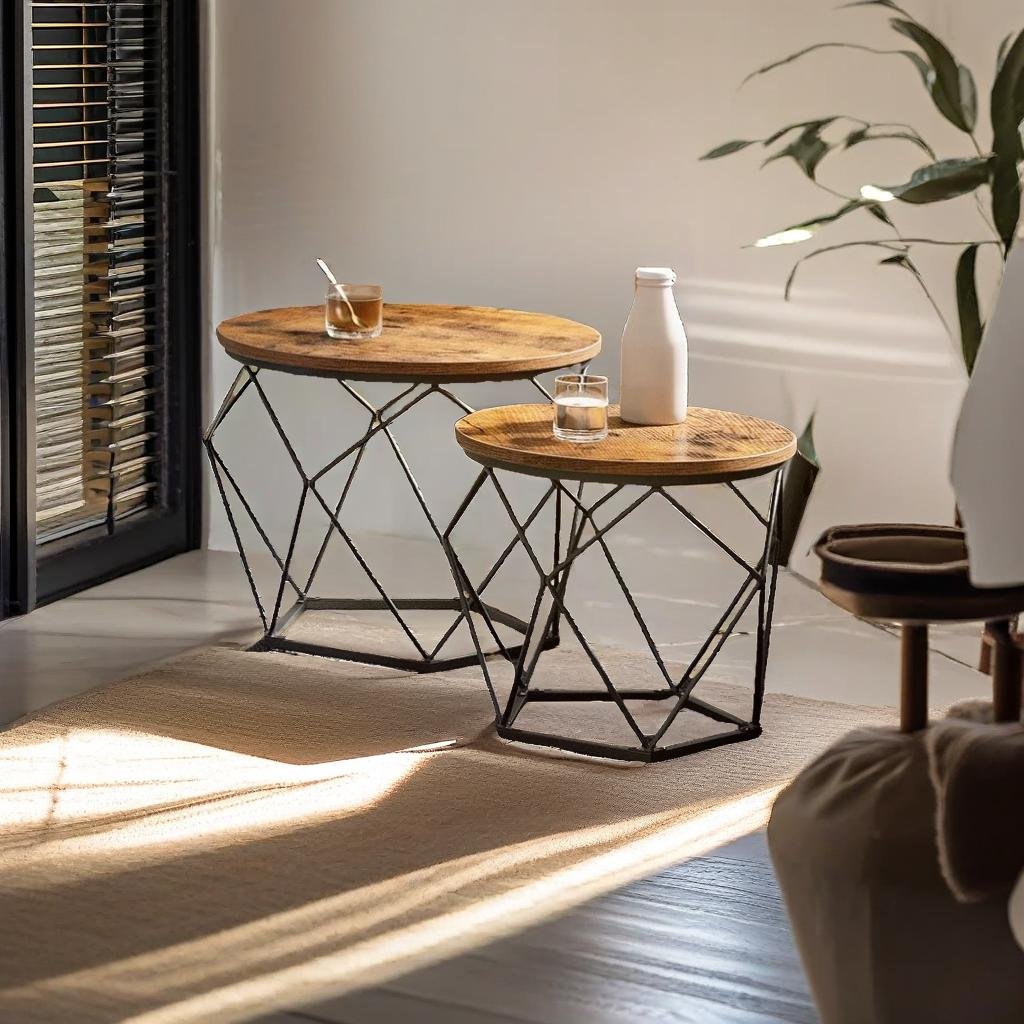 Set of 2 Industrial Coffee Tables - Geometric Design