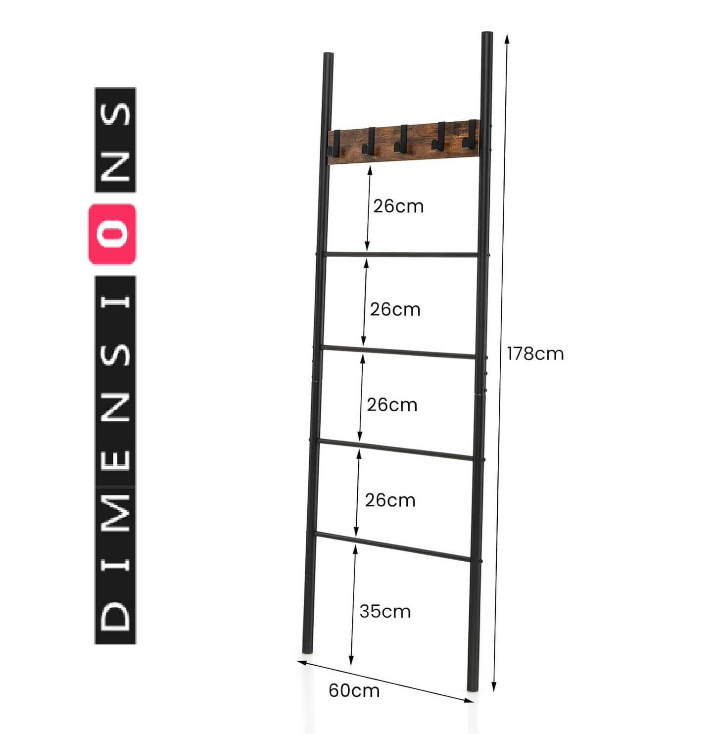 5-Tier Industrial Towel Ladder Shelf with 5 Hooks