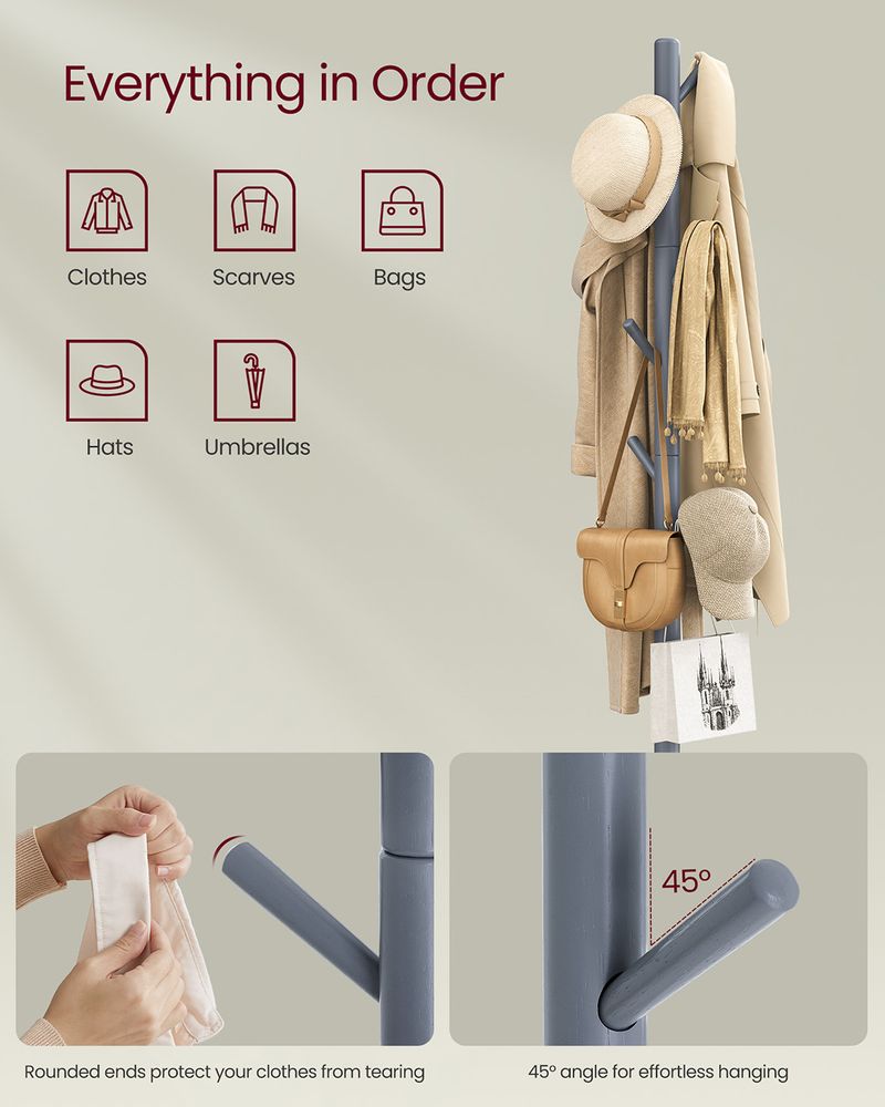 Wooden Coat Stand with 3 Height Options and 8 Hanging Hooks
