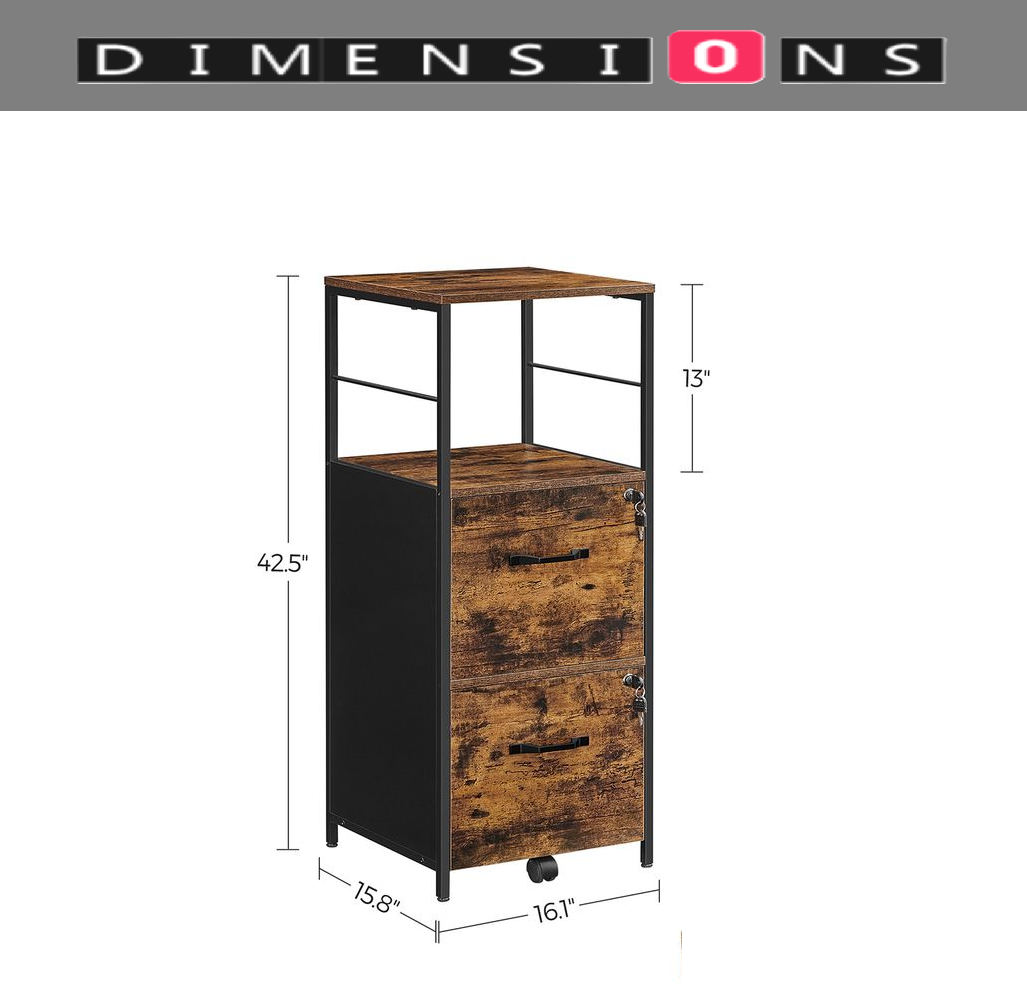 Industrial Filing Cabinet with 2 Drawers and Open Shelf | Home Office File Storage for A4