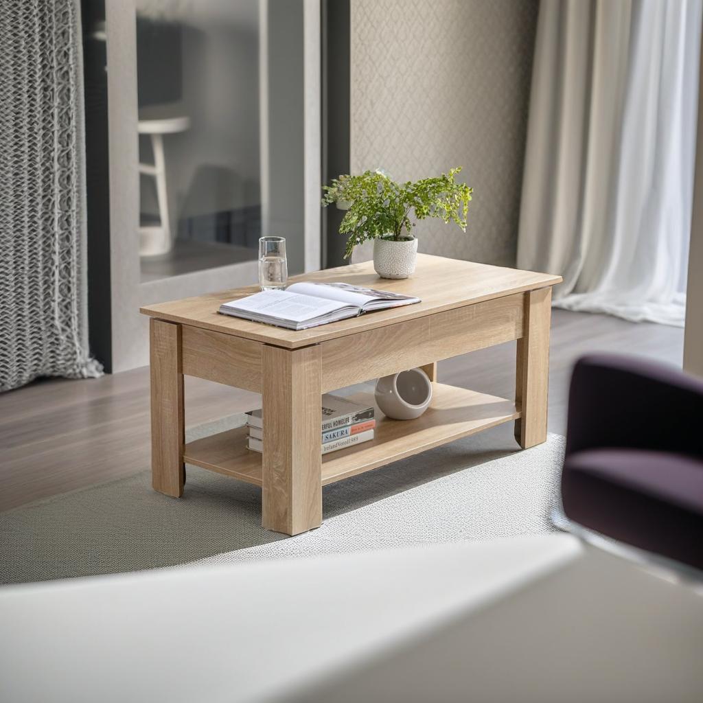 Lift-Up Wooden Coffee Table with Hidden Storage