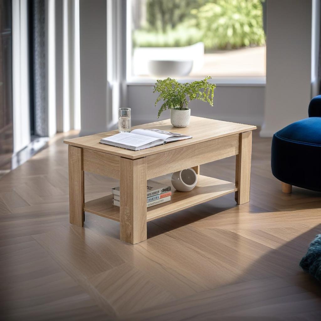Lift-Up Wooden Coffee Table with Hidden Storage