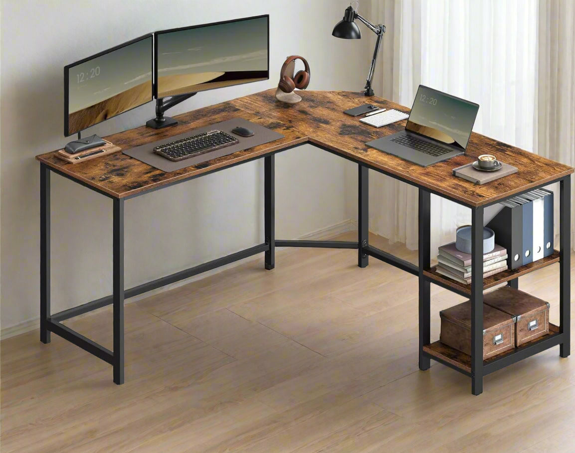 Rustic brown and black L-shaped computer desk with storage shelves and cable management in modern home office setup
