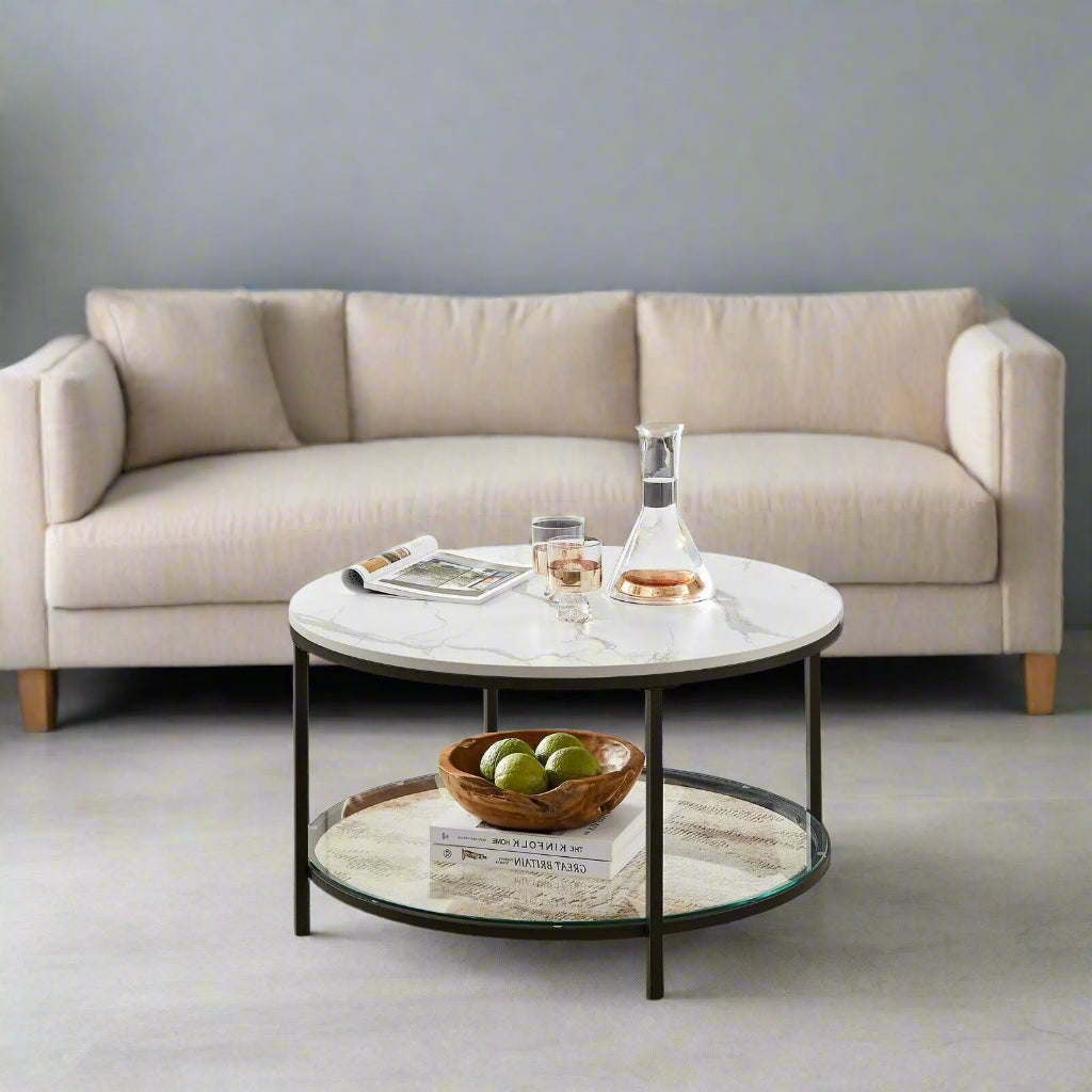 Round Marble White Coffee Table with Glass Storage Shelf and Black Steel Legs for Living Room