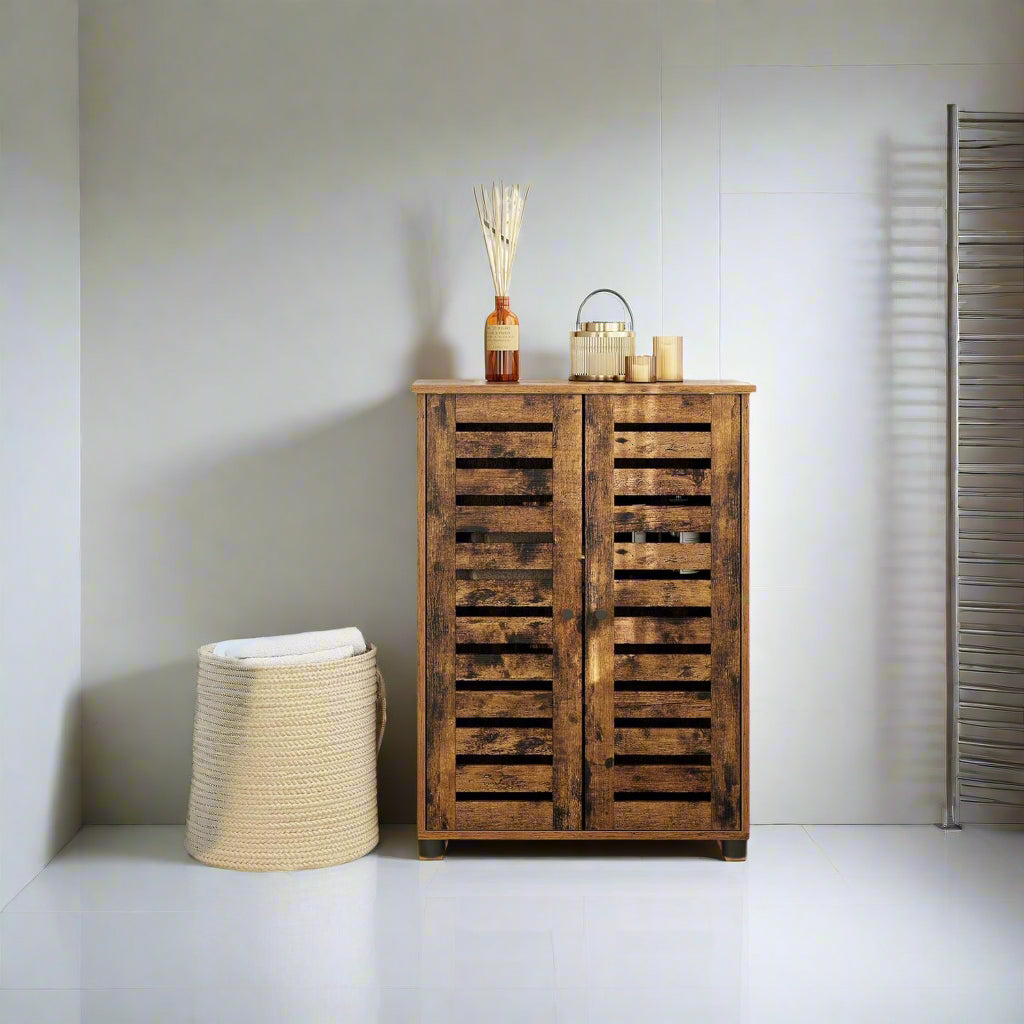 bathroom cabinet, rustic storage unit, louvred cabinet, freestanding sideboard, brown bathroom storage, multipurpose cabinet, adjustable shelf cabinet, compact storage unit, vintage style cabinet, living room cupboard