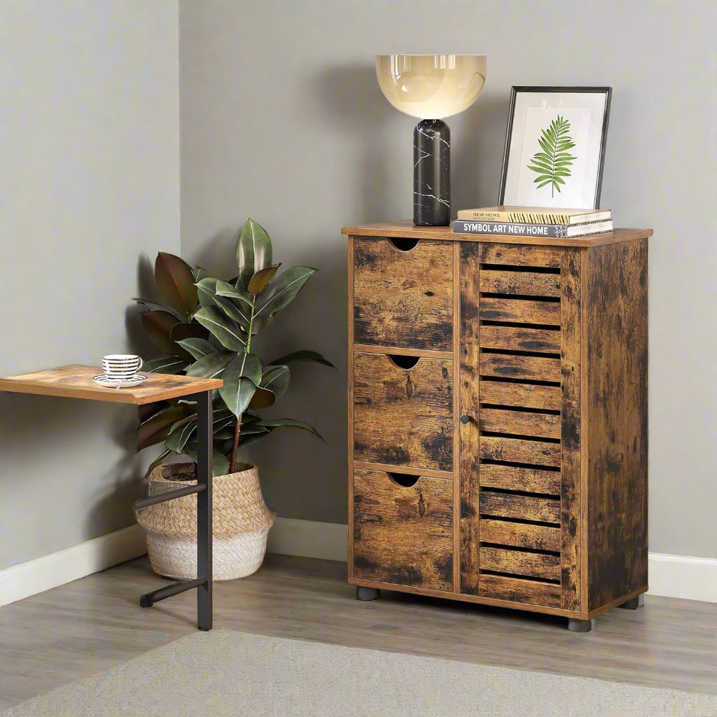 Rustic Bathroom Floor Cabinet with 3 Drawers & Adjustable Shelves – Wooden Storage Unit for Bathroom