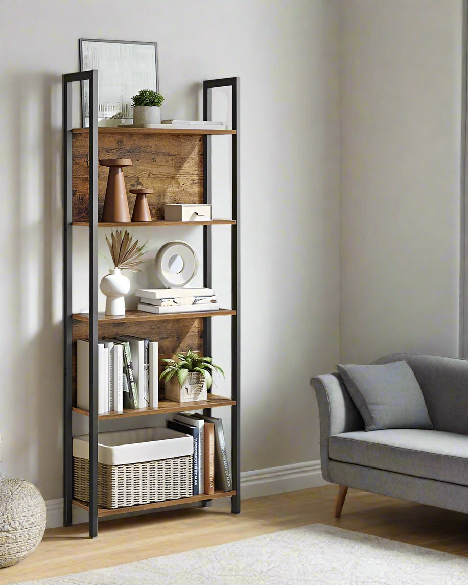 "5-tier rustic brown and black industrial bookshelf with metal frame and particleboard shelves, perfect for books, decor, and home storage."