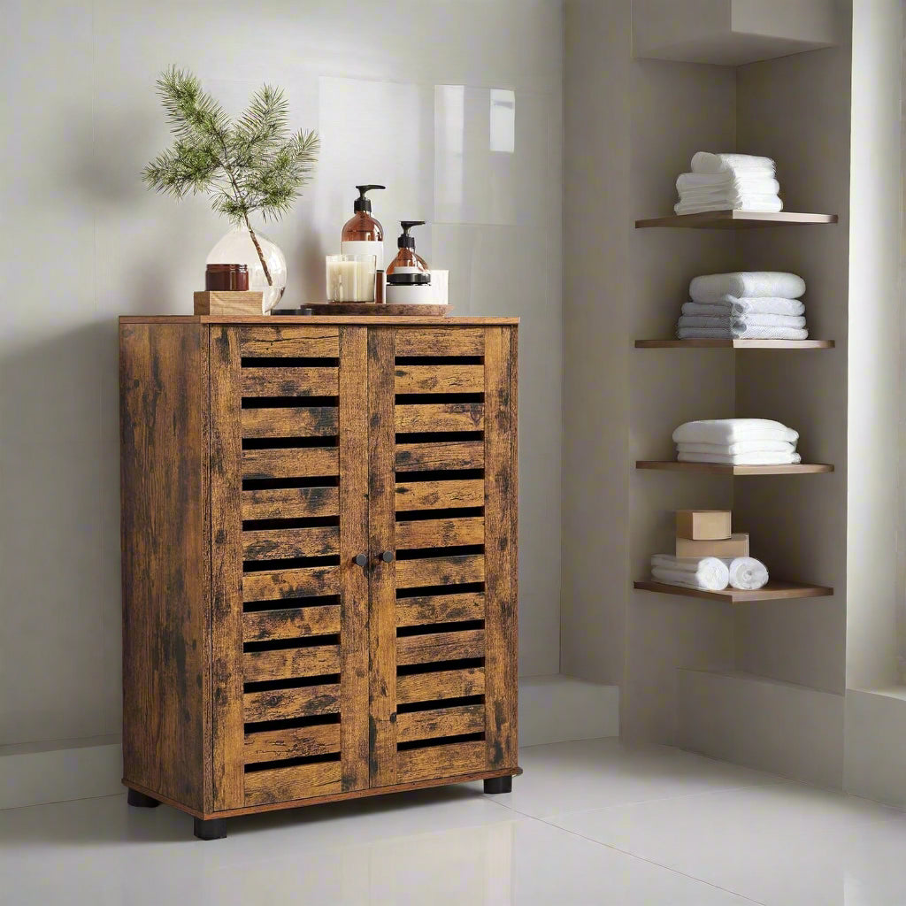 bathroom cabinet, rustic storage unit, louvred cabinet, freestanding sideboard, brown bathroom storage, multipurpose cabinet, adjustable shelf cabinet, compact storage unit, vintage style cabinet, living room cupboard