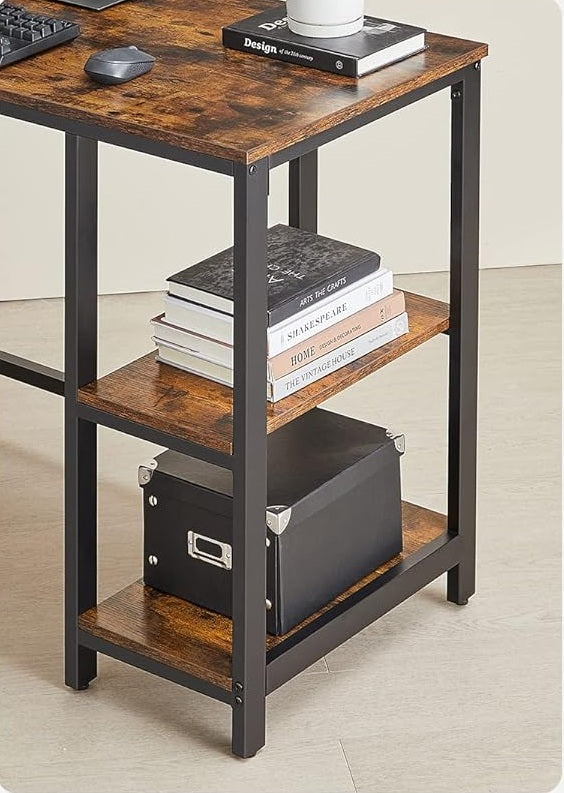 Rustic Brown & Black L-Shaped Computer Desk with Storage Shelves – 138x138 cm
