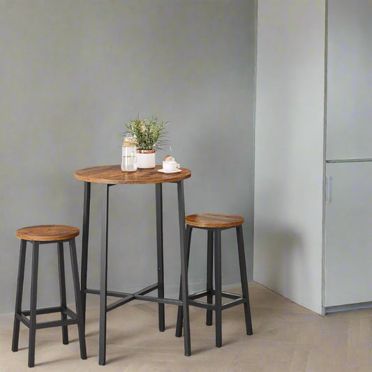 Set of 2 rustic brown and black industrial bar stools with steel frame and footrest, 65 cm high for kitchen island or breakfast bar