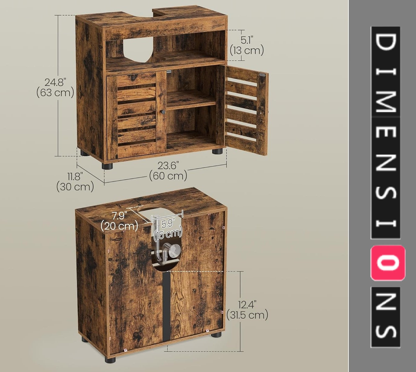 Under Sink Bathroom Cabinet, Rustic Storage Unit with Adjustable Shelf and Louvred Doors