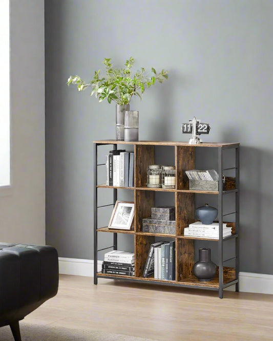 industrial-style bookshelf with 9 open compartments, rustic brown wood and black steel frame, perfect for storage and display in any room