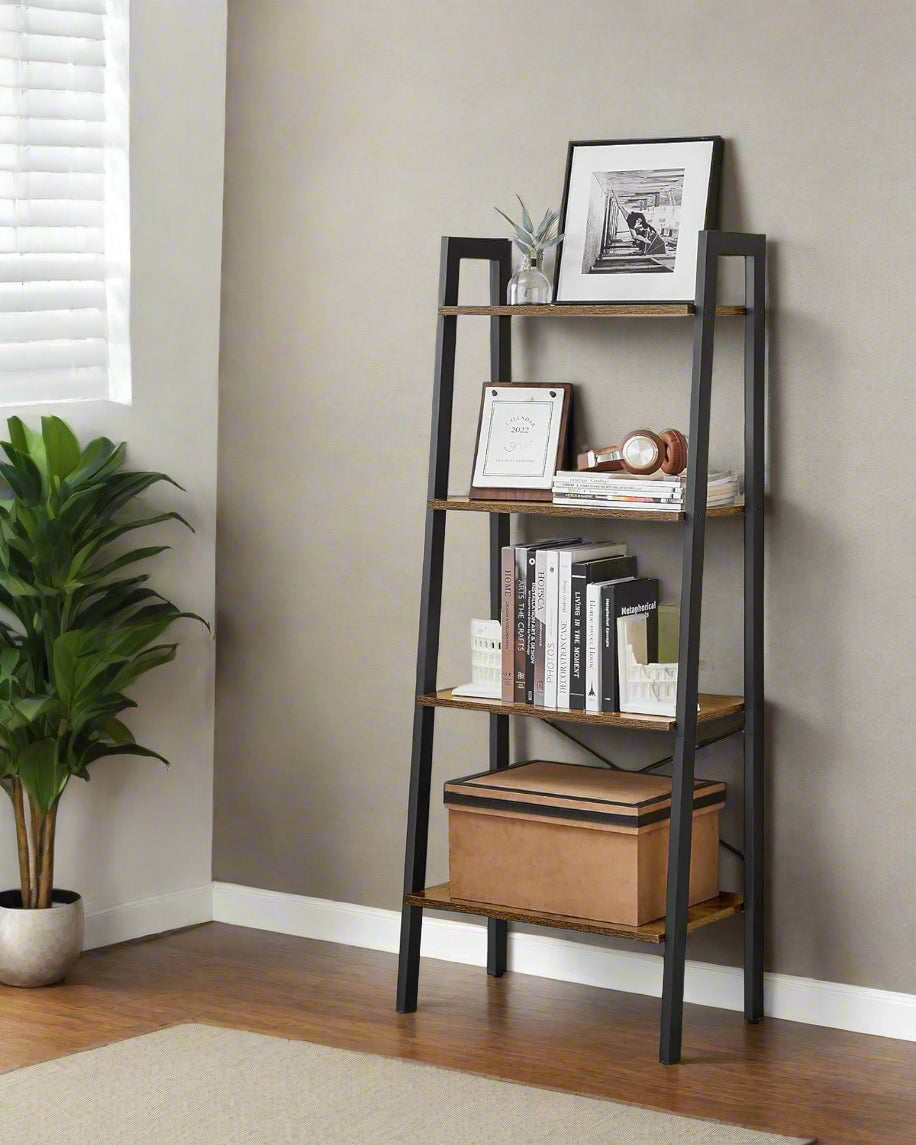 Rustic ladder bookshelf with matte-black steel frame and four-tiered open wooden shelves, ideal for books, plants, and home decor