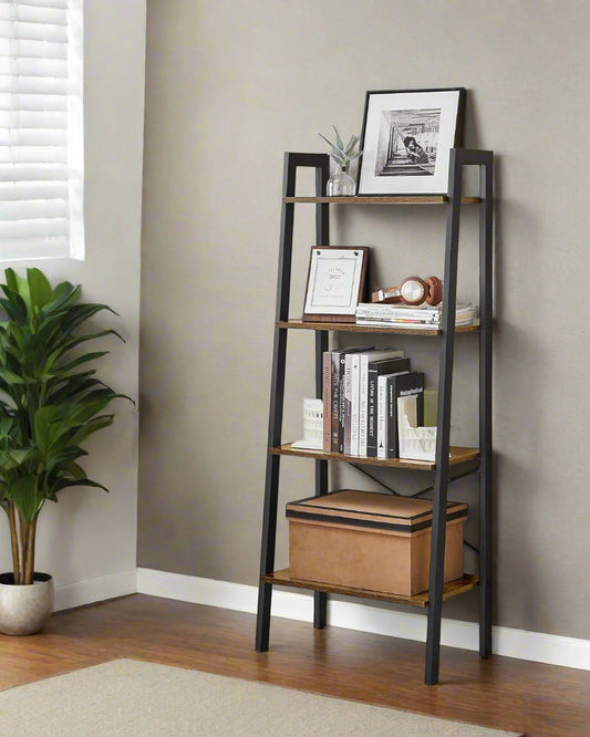 Rustic ladder bookshelf with matte-black steel frame and four-tiered open wooden shelves, ideal for books, plants, and home decor