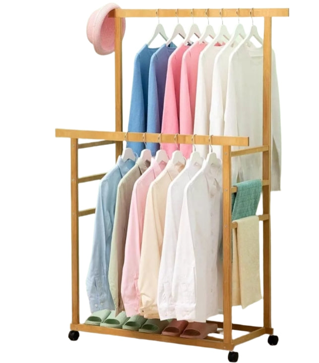 Large Bamboo Clothes Rail with Wheels, Wooden Garment Rack with Shelves for Bedroom