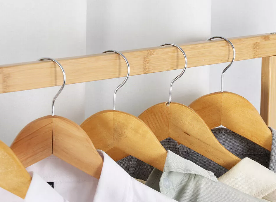 Large Bamboo Clothes Rail with Wheels, Wooden Garment Rack with Shelves for Bedroom