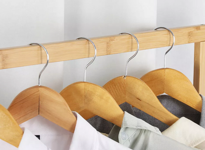 Large Bamboo Clothes Rail with Wheels, Wooden Garment Rack with Shelves for Bedroom