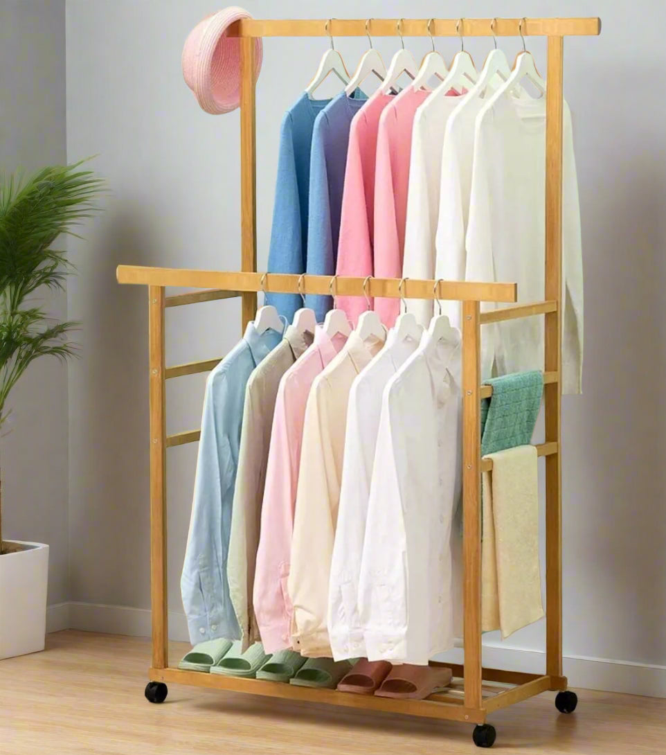 Large Bamboo Clothes Rail with Wheels, Wooden Garment Rack with Shelves for Bedroom