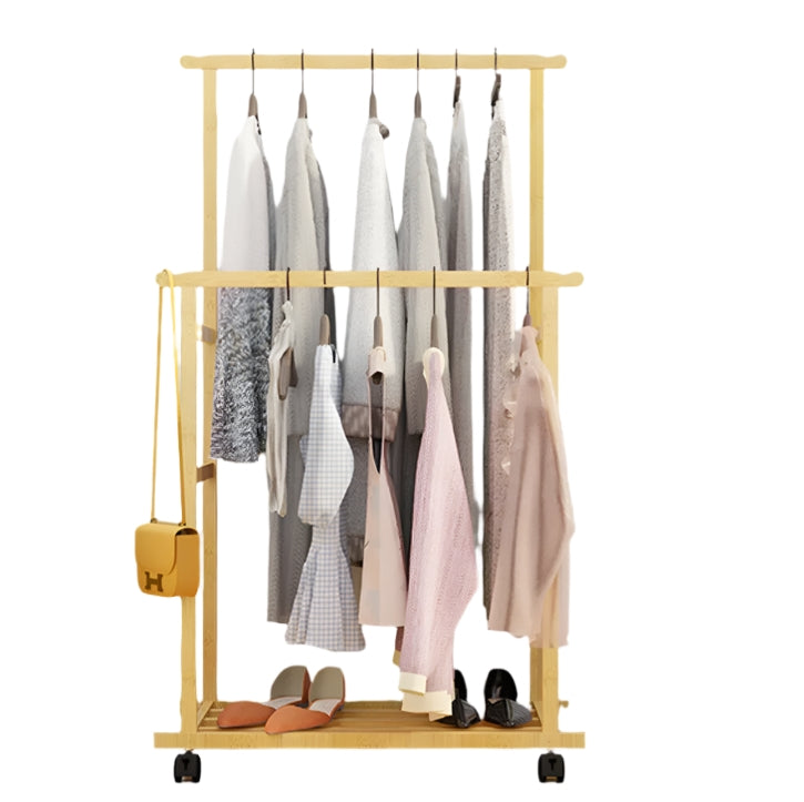 Large Bamboo Clothes Rail with Wheels, Wooden Garment Rack with Shelves for Bedroom