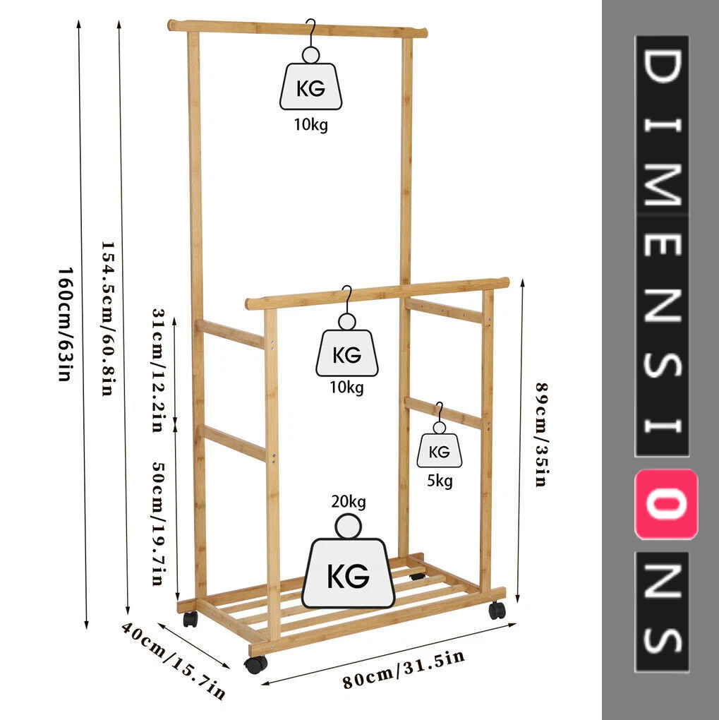 Large Bamboo Clothes Rail with Wheels, Wooden Garment Rack with Shelves for Bedroom
