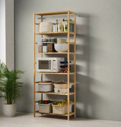 6-Tier Bamboo Bookshelf, Adjustable Free Standing Shelf Unit for Kitchen, Bathroom, or Living Room