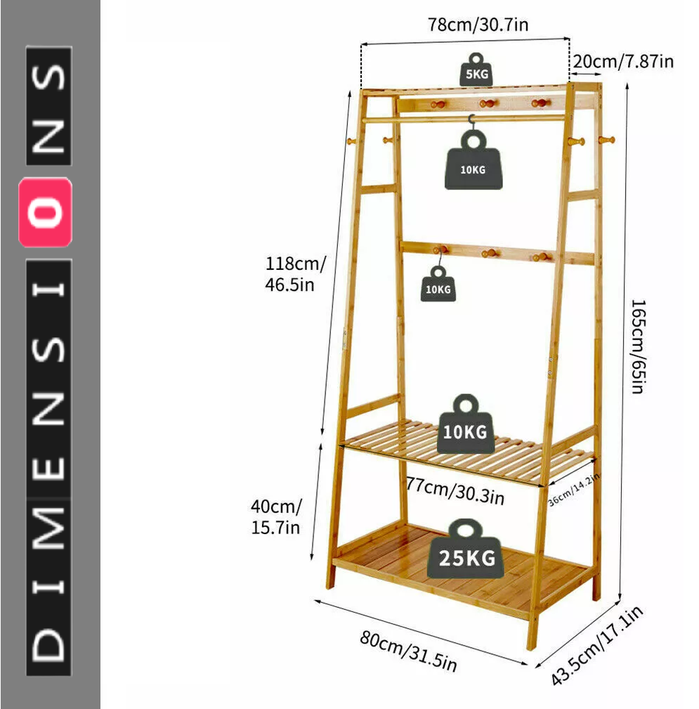 Bamboo Clothes Rail Rack with Top Shelf, Shoe Storage, 10 Hooks, and Ladder Rails – 80x43.5x165 cm