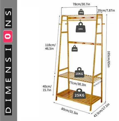 Bamboo Clothes Rail Rack with Top Shelf, Shoe Storage, 10 Hooks, and Ladder Rails – 80x43.5x165 cm