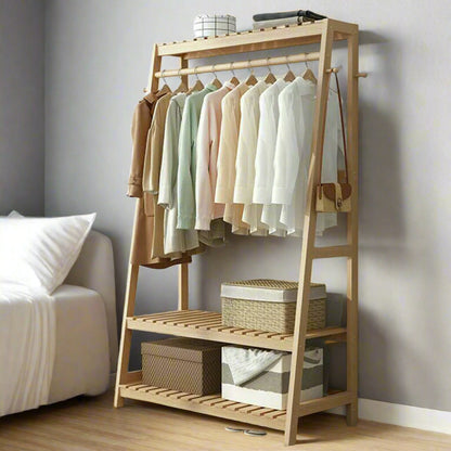 Bamboo Clothes Rail Rack with Top Shelf, Shoe Storage, 10 Hooks, and Ladder Rails – 80x43.5x165 cm