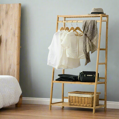 Bamboo Clothes Rail Rack with Top Shelf, Shoe Storage, 10 Hooks, and Ladder Rails – 80x43.5x165 cm