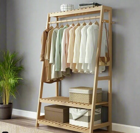 Bamboo Clothes Rail Rack with Top Shelf, Shoe Storage, 10 Hooks, and Ladder Rails – 80x43.5x165 cm