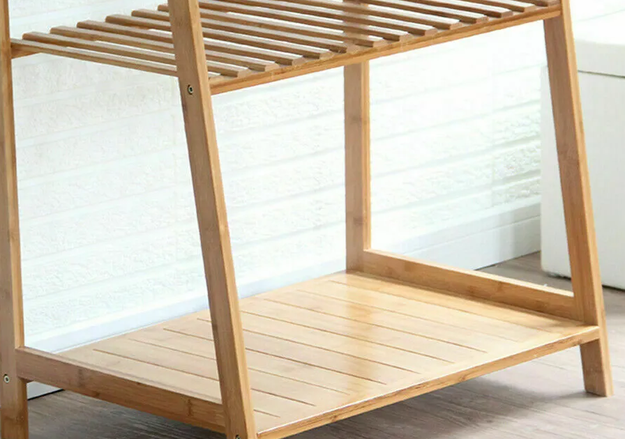 Bamboo Clothes Rail Rack with Top Shelf, Shoe Storage, 10 Hooks, and Ladder Rails – 80x43.5x165 cm
