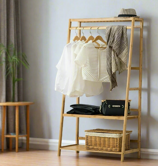 Bamboo Clothes Rail Rack with Top Shelf, Shoe Storage, 10 Hooks, and Ladder Rails – 80x43.5x165 cm